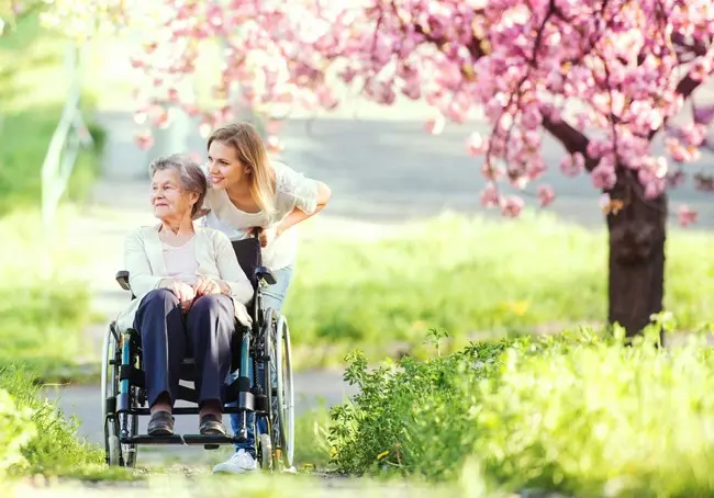 Alte Frau im Rollstuhl mit Pflegering im Park